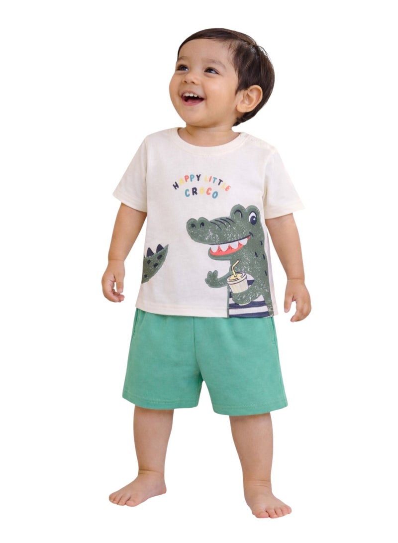 victor and jane Boys Dinosaur Print Cotton T-Shirt & Shorts Set – Summer Daywear - Image 3